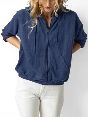 Lilla P Women's Small Zip Front Kangaroo Pocket Hoodie Navy Waffle Knit Jacket